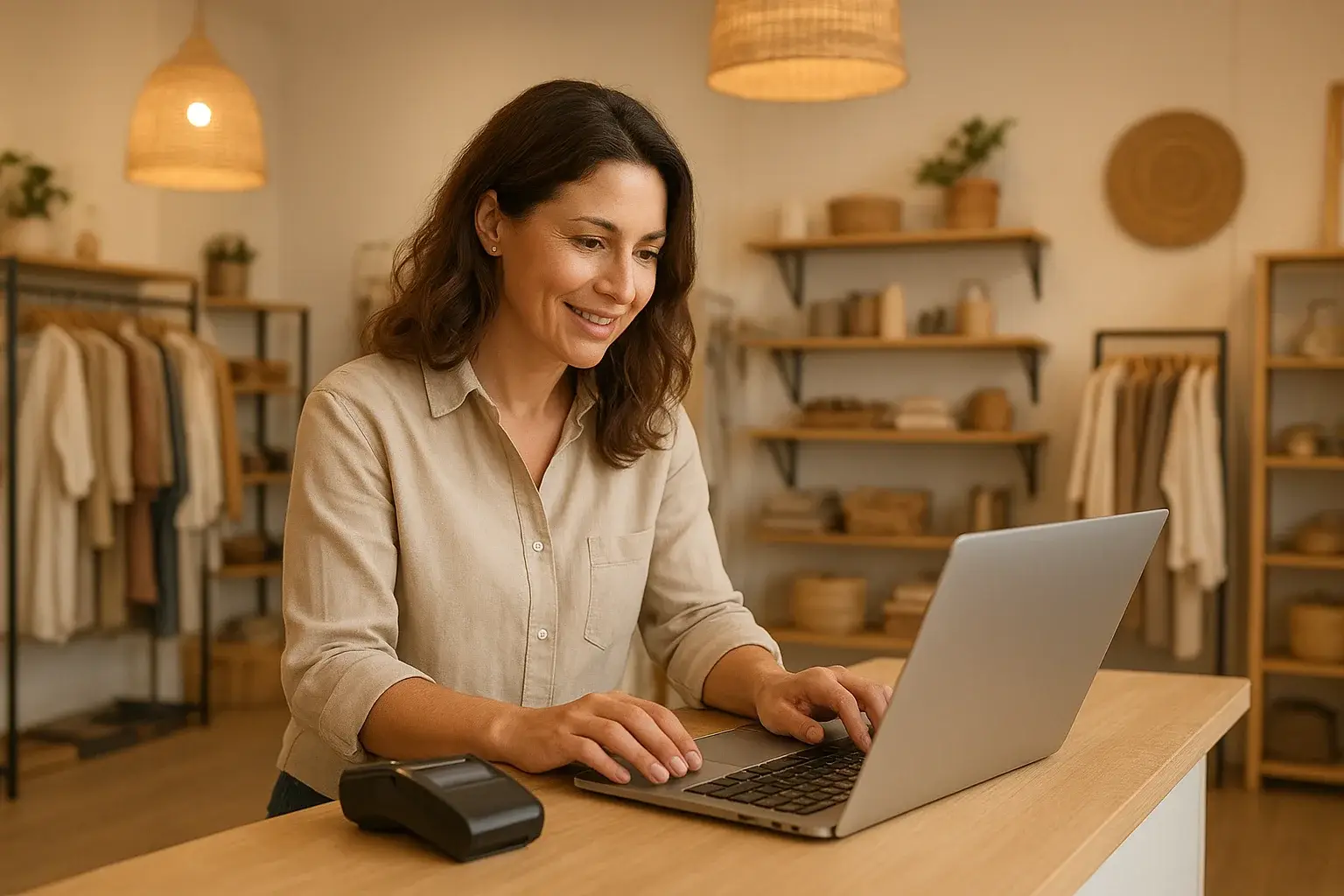 A smiling boutique owner works on a laptop at the checkout counter inside a warm, stylish retail shop, surrounded by neatly arranged clothing racks and shelves, representing dependable business internet for Greensboro.