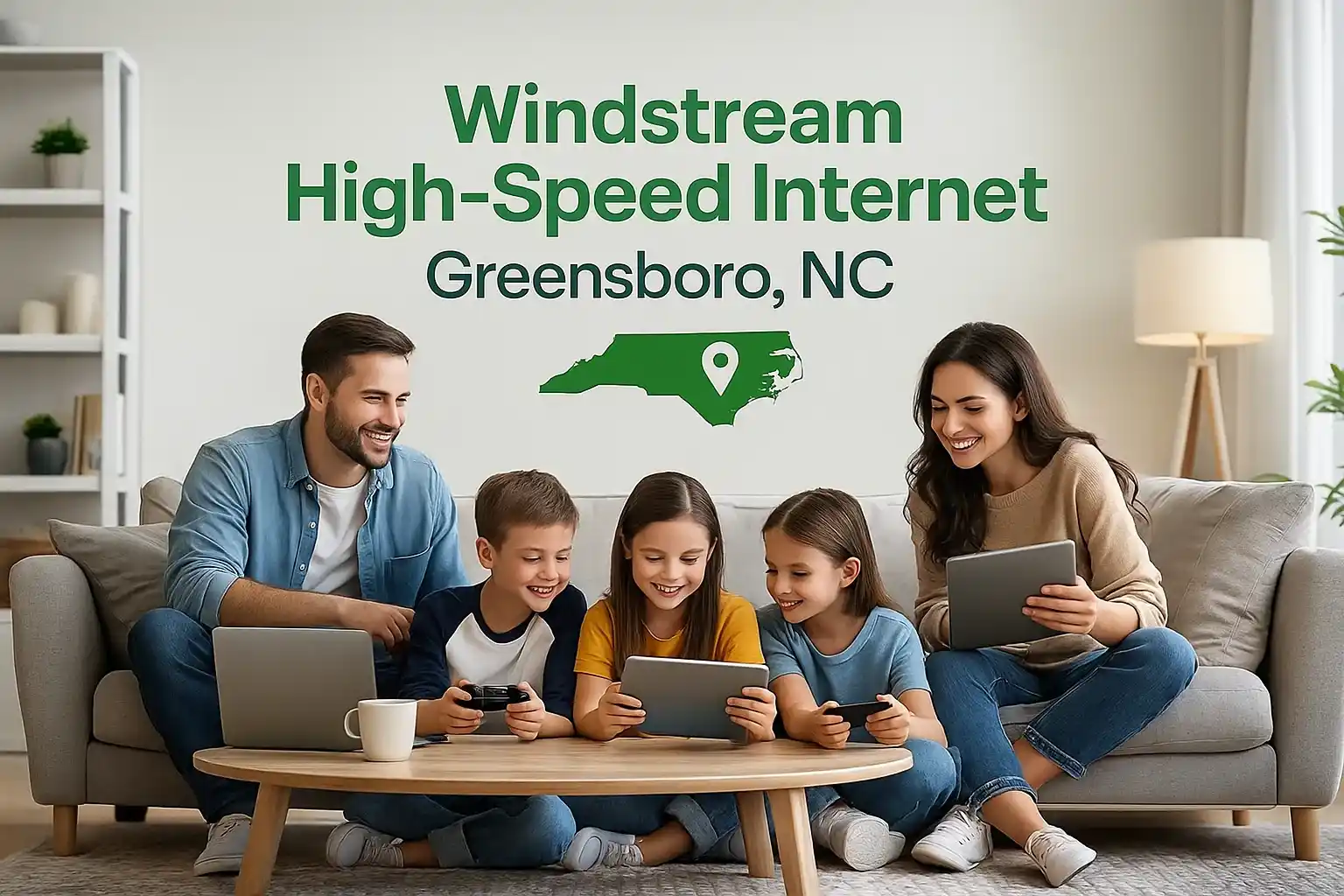 A smiling family of four sitting in a modern living room, gathered around a coffee table while using tablets, game controllers, and a laptop. Green text on the wall behind them reads “Windstream High-Speed Internet – Greensboro, NC” with a North Carolina state icon, representing fast, reliable home internet service.