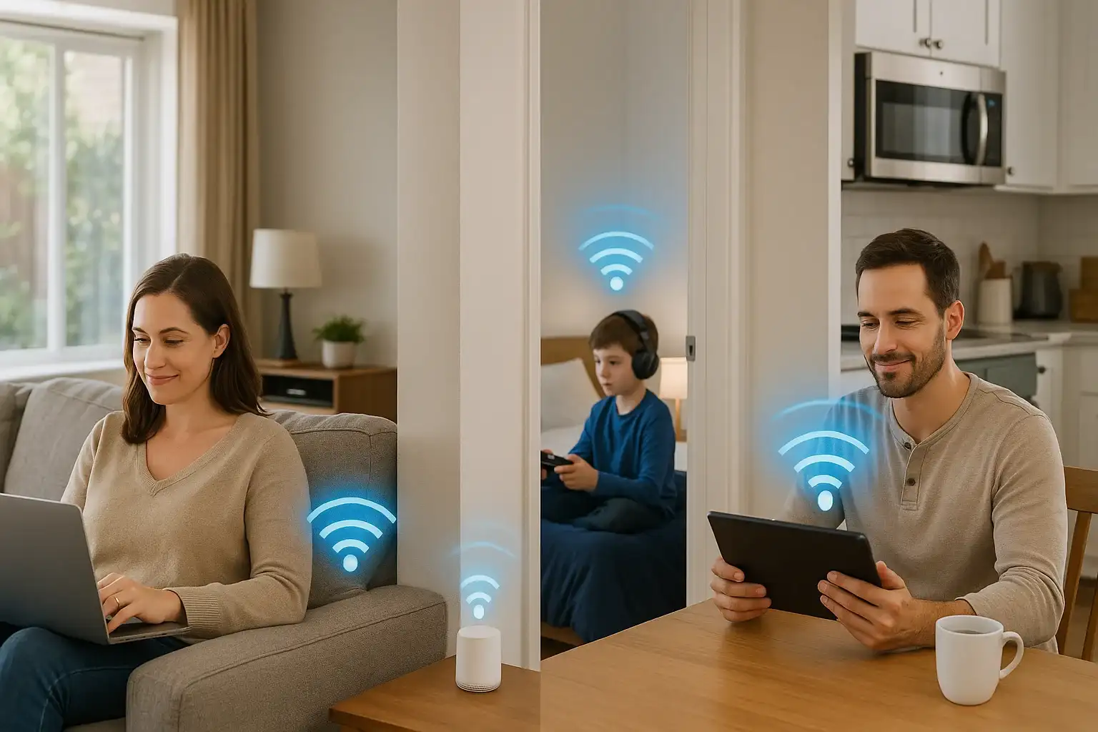 Family Using Whole-Home Mesh Wi-Fi With Seamless Coverage