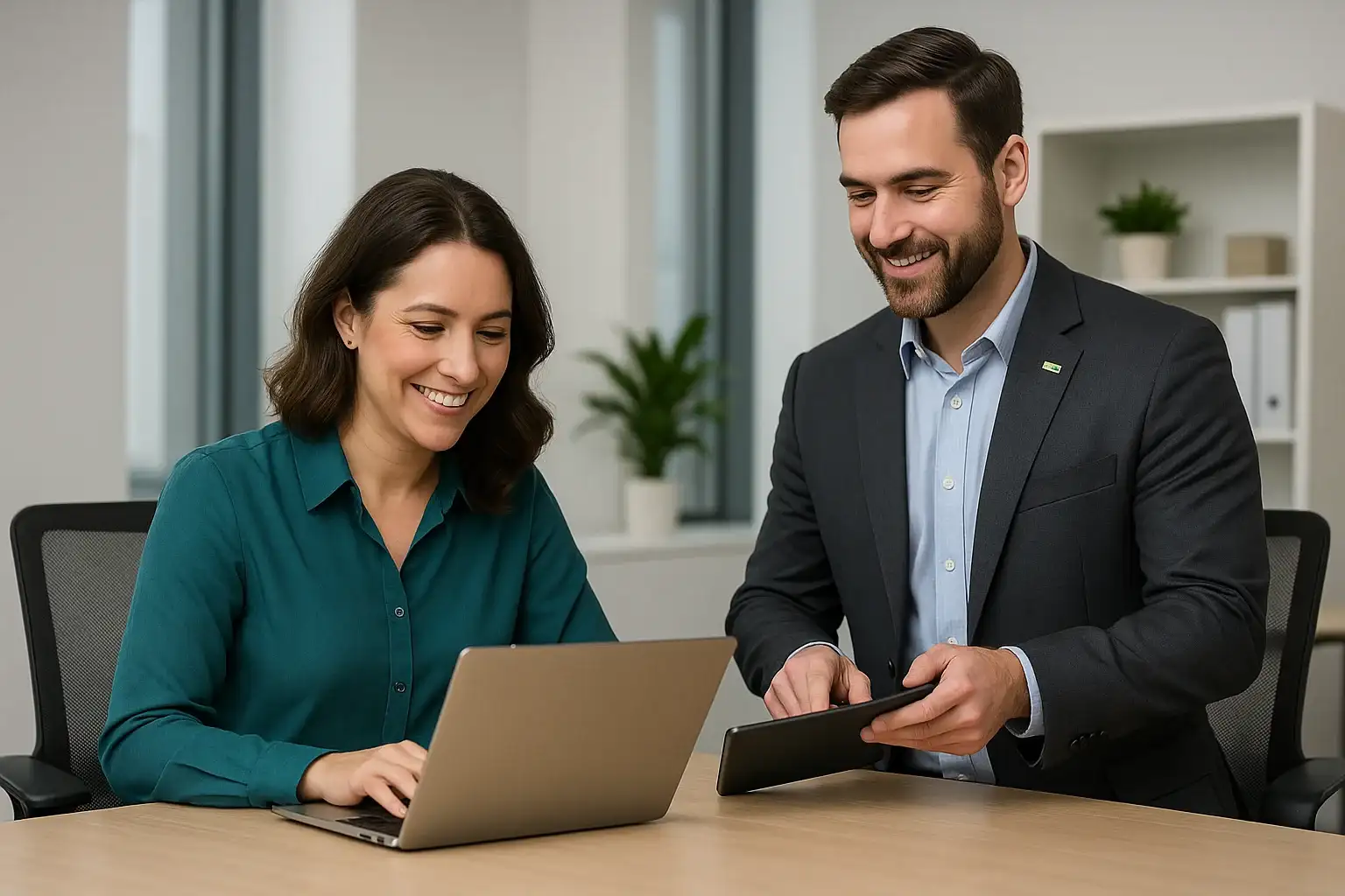 Windstream Sales Agent Assisting Greensboro Business Customer in Professional Office Setting
